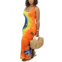Womens Dress Chic Tie Dye Maxi Slim Fitted Scoop Neck Sleeveless Bodycon Dress