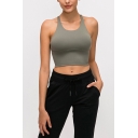 Retro Womens Cami Top Solid Color Cross Beauty-Back Cropped Sleeveless Spaghetti Strap Skinny Fitted Fitness Bra