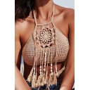 Womens Cami Top Casual Tassel Fringe Hand-Hook Hollow out Knitted Slim Fitted Tie Halter Neck Bikini Top