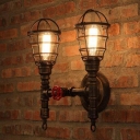 2 Heads Piping Wall Light Kit Industrial Bronze Wrought Iron Wall Sconce with Valve and Cage