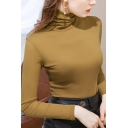Stylish Women's T-Shirt Solid Color High Neck Long-sleeved Slim Fit Tee Top