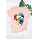 Creative T-Shirt Women's T-Shirt Lips Multi Color Graffiti Pattern Round Neck Short-sleeved Regular Fit Tee Top