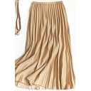 Retro Womens Pleated Skirt Solid Color High Elastic Rise Midi A-Line Pleated Skirt
