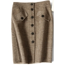 Vintage Womens Skirt Plaid Print Button Front Pocket Flap Design Midi High Waist Bodycon Skirt