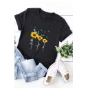 Womens T-Shirt Chic Sunflower Dragonfly Print Purified Cotton Crew Neck Short Sleeve Regular Fitted T-Shirt