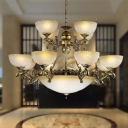 Bronze 15 Heads Drop Lamp Antique Frosted Carved Glass Bowl Shaped Chandelier Light Fixture