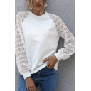 Classic Womens T-Shirt Hollow out Raglan Patchwork Regular Fitted Long Sleeve Stand Collar Tee Top