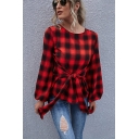 Novelty Womens Shirt Plaid Print Tie-Waist Keyhole Back Slim Fitted Long Bishop Sleeve Crew Neck Pullover Shirt