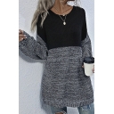 Classic Womens Sweater Color Block Panel Bottoming Tunic Loose Fitted Crew Neck Long Sleeve Sweater