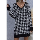 Creative Womens Sweater Houndstooth Pattern Contrast Trim V Neck Long Sleeve Slim Fitted Tunic Sweater