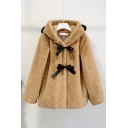 Cute Kawaii Girls' Long Sleeve Bear Ear Hooded Press Button Bow Tie Fluffy Oversize Jacket in Camel