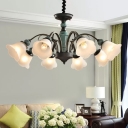 5/6/8-Head Flower Chandelier Lamp Traditional Peacock Green Frosted Ribbed Glass Hanging Light Kit