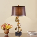 Brown Drum Night Stand Light Modern 1 Bulb Fabric Table Lamp with Foil Ribbon Decoration