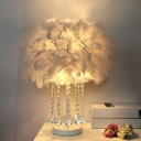 Pink/White/Red Round Table Stand Lamp Stylish Modern 1 Head Feather Night Light with Crystal Draping