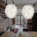 Nordic Style Oval Ceiling Hang Light Feather 1-Light Dining Room Hanging Pendant in White