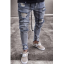 Mens Jeans Stylish Faded Wash Distressed Zipper Vent Slim Fit 7/8 Length Tapered Jeans