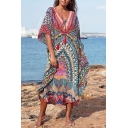Tribal Style Women's Dress All over Floral Printed Contrast Panel Drawstring Tassel Batwing Sleeves V Neck Maxi Dress
