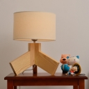 Wood Herringbone Nightstand Lamp Nordic 1 Head Table Lighting with Cylinder Fabric Shade