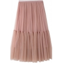 Womens Tulle Skirt Chic Plain Pleated Panel High Elastic Rise Midi A-Line Swing Skirt