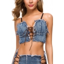 Creative Womens Bra Top Lace-up Embellished Frayed Strap Slim Fitted Sleeveless Denim Tube Top