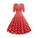 Unique Womens Dress Polka Dot Pattern Short Sleeve Midi A-Line Slim Fitted Surplice V Neck Swing Dress