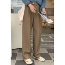 Trendy Women's Pants Plain Side Pocket Button Fly Long Straight Relaxed Fit Pants