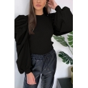 Fashionable Women's Tee Top Solid Color Patchwork Rib Knitted Mock Neck Long Puff Sleeves Slim Fitted T-Shirt