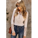 Creative Womens T-Shirt Rib Knitted Button Detail Lace Patchwork Slim Fitted Long Sleeve Crew Neck Bottoming Tee Top