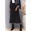 Womens A-Line Skirt Fashionable Polka Dot Print Midi High Waist Swing Skirt