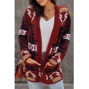 Stylish Womens Cardigan Christmas Tree Pattern Front Pocket Ribbed Trim Long-sleeved Open Front Regular Fitted Cardigan