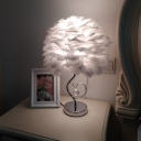 Blossom Bedroom Table Lamp Feather 1-Head Romantic Modern Night Light in Grey/Pink/Orange with Crystal Drop