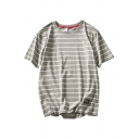 Mens T-Shirt Unique Horizontal Pinstripe Pattern Crew Neck Half Sleeve Loose Fitted T-Shirt