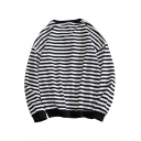 Vintage Mens Sweatshirt Horizontal Stripe Pattern Long Drop-Sleeve Relaxed Fit Crew Neck Pullover Sweatshirt
