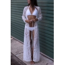 Unique Womens Jacket Hollow out Lace Drawstring Waist Open Front Long Sleeve Longer Length Loose Fitted Cover-up Beach Jacket