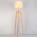 Trapezoid Tripod Floor Lighting Modern Wood Single White Floor Reading Lamp with Tapered Fabric Shade
