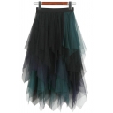 Womens Skirt Chic Contrast Asymmetric Layered Hem High Elastic Rise Midi A-Line Tulle Skirt
