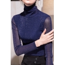 Womens Tee Top Stylish Bright Silk Mesh Slim Fitted High Neck Long Sleeve Bottoming T-Shirt