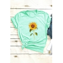 Fancy Tee Top Sunflower Pattern Rolled Cuffs Round Neck Short-sleeved Regular Fitted T-shirt for Women