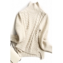 All-Match Women's Sweater Plain Cable Knit Patchwork Ribbed Trims High Neck Long-sleeved Relaxed Fit Sweater