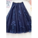 Elegant Skirt Star Embroidered Gauze-Mesh Flowy Elasticated Waist Midi Skirt for Women