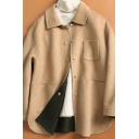 Retro Womens Coat Solid Color Chest Pocket Button down Loose Fit Long Sleeve Turn-down Collar Wool Coat