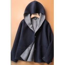 Womens Coat Stylish Double Pockets Front Toggle Button Detail Hooded Loose Fit Long Sleeve Wool Coat