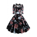 Womens Dress Stylish Floral Pattern Cut-out Bowknot Back Waist Controlled Midi A-Line Slim Fitted Sweetheart Neck Half Sleeve Swing Dress