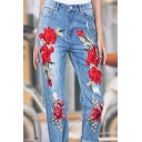 Womens Jeans Stylish Medium Wash Ripped Flower Embroidery Stretch Zipper Fly Slim Fit 7/8 Length Tapered Jeans