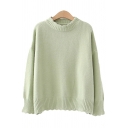 Fancy Womens Sweater Solid Color Scalloped Ribbed Trim Round Neck Long-sleeved Loose Fitted Sweater