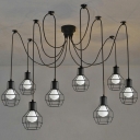 8-Light Ceiling Suspension Lamp Industrial Living Room Swag Pendant Light with Spherical Iron Cage in Black