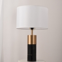 Postmodern Drum Nightstand Lamp Fabric 1-Light Parlor Table Light with Marble Column in Black/Grey/White-Brass