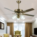 Gold Flower Hanging Fan Lamp Traditional Clear Glass 3 Heads Living Room 5-Blade Semi Flush Light with Pull Chain, 42