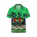 Funny Cartoon Parrot Coconut Trees 3D Print Short Sleeve Button Up Loose Beach Shirt