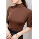 Leisure T-Shirt Solid Color Mock Neck Half Sleeves Slim Fit Tee Top for Women
